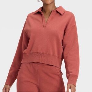 UNIVERSAL THREAD BURNT ORANGE RUST COLOR LONG SLEEVE PULLOVER POLO SWEATSHIRT XS